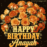 Animated bouquet of orange roses with moving butterfles and golden 'Happy Birthday Anayah' text, surrounded by sparkling accents and a dark backdrop for a luxurious feel.