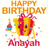 A vibrant and funny gift box character with a happy face dancing with a cupcake and the text 'Happy Birthday Anayah,' surrounded by animated confetti and party vibes.