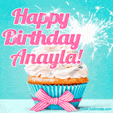 A festive cupcake with pink icing, a gingham bow, and a lit animated sparkler, paired with 'Happy Birthday Anayla!' in bright pink text.