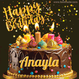 A delightful chocolate birthday cake with bright candles and 'Happy Birthday Anayla' written in gold amidst a shower of animated stars.