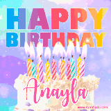 A vibrant animated name GIF with the words 'Happy Birthday Anayla' with colorful candles on a creamy cake. The background sparkles with pastel shades, adding a festive touch.
