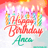 Bright birthday candles with rainbow flames on a cake, alongside the text 'Happy Birthday Anca' in vibrant script in this celebratory animated GIF.