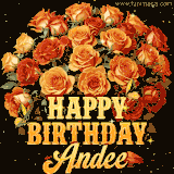 Animated bouquet of orange roses with moving butterfles and golden 'Happy Birthday Andee' text, surrounded by sparkling accents and a dark backdrop for a luxurious feel.
