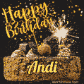 Celebrate Andi's birthday with a GIF featuring chocolate cake, a lit sparkler, and golden stars