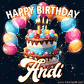 Hand-drawn happy birthday cake adorned with an arch of colorful balloons - name GIF for Andi