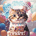 Happy birthday gif for Andre with cat and cake