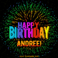 A colorful animated GIF featuring the text 'Happy Birthday Andree!' in rainbow colors with a dynamic iridescent firework display in the background.