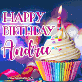 A festive animated GIF featuring a colorful cupcake with a single lit candle, sprinkles, and 'Happy Birthday Andree' text against a sparkling, celebratory background.