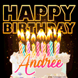 A vibrant animated GIF featuring a delicious birthday cake topped with glowing candles and the name 'Andree' in elegant script, and the words 'Happy Birthday' on the black background.
