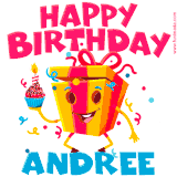 A funny animated birthday GIF with the words 'Happy Birthday Andreea', colorful gift box with arms and legs, holding a cupcake with a lit candle  with confetti everywhere.