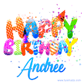 Animated GIF with colorful, festive 'Happy Birthday Andree' text decorated with patterns, a party hat, and falling confetti. A vibrant and cheerful design for birthday celebrations.