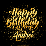 Animated GIF with colorful, festive 'Happy Birthday Andrei' text decorated with patterns, a party hat, and falling confetti. A vibrant and cheerful design for birthday celebrations.