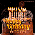 A rich chocolate cake topped with glowing birthday candles and surrounded by bright fireworks. The animated GIF displays the message 'Happy Birthday Andrei' in golden text.