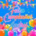 A vibrant animated GIF with 'Feliz Cumpleaños Andrei' written in colorful script, surrounded by balloons, confetti, and bunting on a bright blue background.