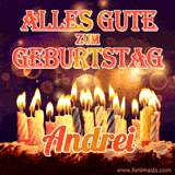 An animated GIF featuring 'Alles Gute Zum Geburtstag Andrei' in glowing red and gold letters above a cake with colorful lit candles, set against a festive sparkling background.