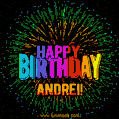 A colorful animated GIF featuring the text 'Happy Birthday Andrei!' in rainbow colors with a dynamic iridescent firework display in the background.