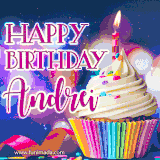 A festive animated GIF featuring a colorful cupcake with a single lit candle, sprinkles, and 'Happy Birthday Andrei' text against a sparkling, celebratory background.
