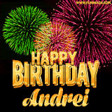 A captivating GIF with bursts of green, pink, and orange fireworks lighting up the night sky, accompanied by 'Happy Birthday Andrei' in glowing golden text.