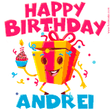 A funny animated birthday GIF with the words 'Happy Birthday Andreia', colorful gift box with arms and legs, holding a cupcake with a lit candle  with confetti everywhere.