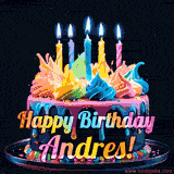 A vibrant animated GIF featuring a colorful rotating birthday cake with bright frosting swirls, glowing candles, and the text 'Happy Birthday Andres!' in rainbow colors.