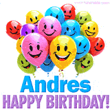 An animated birthday-themed name GIF with colorful smiling balloons and bold 'Andres, Happy Birthday!' text for a celebratory touch.