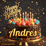 A personalized birthday greeting card with a chocolate cake, bright icing swirls, and flickering candles on a gold platter. Andres