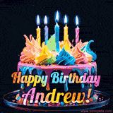 A vibrant animated GIF featuring a colorful rotating birthday cake with bright frosting swirls, glowing candles, and the text 'Happy Birthday Andrew!' in rainbow colors.
