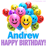 An animated birthday-themed name GIF with colorful smiling balloons and bold 'Andrew, Happy Birthday!' text for a celebratory touch.