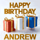 Happy Birthday Andrew written in bold 3D golden text with three colorful gift boxes in red, white, and blue bouncing up and down