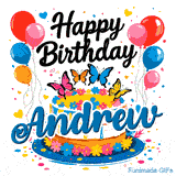 Brightly colored butterflies and little flower decorations on a white drip cake, designed as a birthday GIF for Andrew.