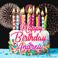 Amazing Animated GIF Image for Andrew with Birthday Cake and Fireworks
