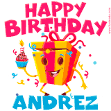 A funny animated birthday GIF with the words 'Happy Birthday Andreza', colorful gift box with arms and legs, holding a cupcake with a lit candle  with confetti everywhere.