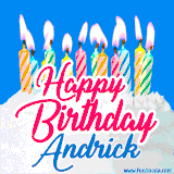 A cheerful animated GIF featuring colorful lit birthday candles on a white cake, with the text 'Happy Birthday Andrick' in bold red and blue script on a bright blue background.