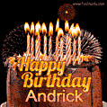 A rich chocolate cake topped with glowing birthday candles and surrounded by bright fireworks. The animated GIF displays the message 'Happy Birthday Andrick' in golden text.
