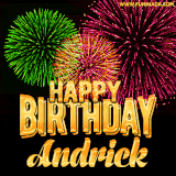 A captivating GIF with bursts of green, pink, and orange fireworks lighting up the night sky, accompanied by 'Happy Birthday Andrick' in glowing golden text.
