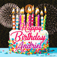 Amazing Animated GIF Image for Andriel with Birthday Cake and Fireworks