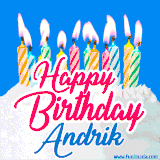A cheerful animated GIF featuring colorful lit birthday candles on a white cake, with the text 'Happy Birthday Andrik' in bold red and blue script on a bright blue background.