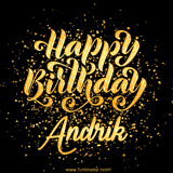 Animated GIF with colorful, festive 'Happy Birthday Andrik' text decorated with patterns, a party hat, and falling confetti. A vibrant and cheerful design for birthday celebrations.