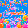 A vibrant animated GIF with 'Feliz Cumpleaños Andrik' written in colorful script, surrounded by balloons, confetti, and bunting on a bright blue background.