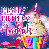 A festive animated GIF featuring a colorful cupcake with a single lit candle, sprinkles, and 'Happy Birthday Andrik' text against a sparkling, celebratory background.