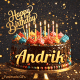 Bright colorful icing and burning candles on a chocolate frosted cake on a gold platter, custom-made for Andrik.