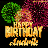A captivating GIF with bursts of green, pink, and orange fireworks lighting up the night sky, accompanied by 'Happy Birthday Andrik' in glowing golden text.