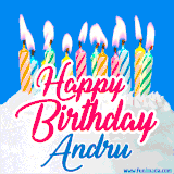 A cheerful animated GIF featuring colorful lit birthday candles on a white cake, with the text 'Happy Birthday Andru' in bold red and blue script on a bright blue background.