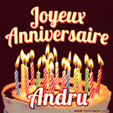 A Happy Birthday GIF in French featuring a festive birthday cake adorned with bright candles and the glowing text 'Joyeux Anniversaire Andru' in a cheerful style.