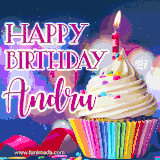 A festive animated GIF featuring a colorful cupcake with a single lit candle, sprinkles, and 'Happy Birthday Andru' text against a sparkling, celebratory background.