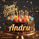 A festive birthday ecard for Andru displaying a rich chocolate cake, colorful sprinkles, and a gold star background.