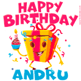 A funny animated birthday GIF with the words 'Happy Birthday Andrua', colorful gift box with arms and legs, holding a cupcake with a lit candle  with confetti everywhere.