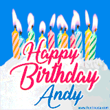 A cheerful animated GIF featuring colorful lit birthday candles on a white cake, with the text 'Happy Birthday Andy' in bold red and blue script on a bright blue background.