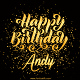 Animated GIF with colorful, festive 'Happy Birthday Andy' text decorated with patterns, a party hat, and falling confetti. A vibrant and cheerful design for birthday celebrations.