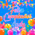 A vibrant animated GIF with 'Feliz Cumpleaños Andy' written in colorful script, surrounded by balloons, confetti, and bunting on a bright blue background.